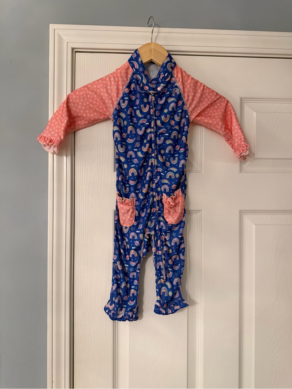 Girls Blue & Pink Rainbow Zip-One Swim Rashguard Long Sleeve Long Pants Ruffle